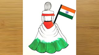 Republic Day Drawing || 26 January Drawing || Republic Day Drawing Easy / Traditional Girl Drawing