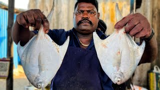 KASIMEDU 🔥 SPEED SELVAM | WHITE POMFRET FISH CUTTING VIDEO | 4K VIDEO | KM FISH CUTTING