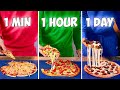 1 Minute vs 1 Hour vs 1 Day Pizza, Sushi , Sandwich , Steak , Noodles , Candy , Tiramisu , cookie