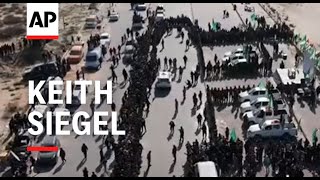 Drone aerials show Hamas ceremony for release of American-Israeli hostage Keith Siegel in Gaza City