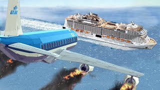 Airplane Crashes Into Big Ship After Engine Exploded - Emergency Landings On Wat