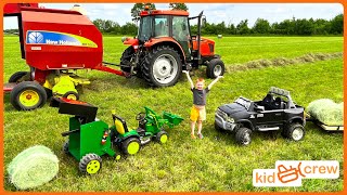 Baling hay with kids power wheel tractor & real tractor to feed horse on farm Educational | Kid Crew