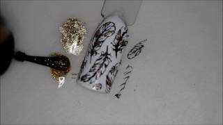 Złote pióra zdobienie stemplowane / Golden feathers stamping nail art