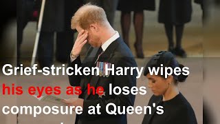 Grief-stricken Harry wipes his eyes as he loses composure at Queen's procession