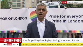 London's Mayor, Sadiq Khan discusses Just Stop Oil's London Pride Protest | Sky News | 1 July 2023