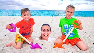 Vlad and Niki had a Fun Day on the Beach! Plying with Mom and Sand