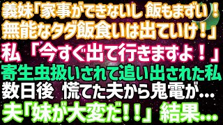 【スカッとする話】*** 義妹「家事ができないし、飯もまずい！無能なタダ飯食いは出ていけ！」私「今すぐ出て行きますよ！」寄生虫扱いされて追い出された私数日後、慌てた夫から鬼電が   夫「妹が大変だ！