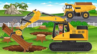 Repair Utility Pole - Excavator Wood Logging and Transporting by Dump Truck | Construction Vehicles