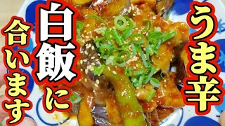 【茄子の甘辛味噌炒め】白いご飯に合う甘辛の味つけになってます　火を止めてやるので慌てないで作れます