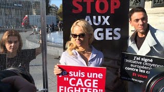 Pamela Anderson participates in animal rights protest in Paris