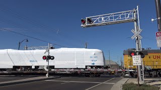 UP 637 Local Switching With Brand New Calgary and Denver RTD LRV Cars, Florin Rd. Railroad Crossing