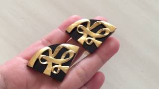 Vintage KARL LAGERFELD Black Fan Gold KL Logo Earrings