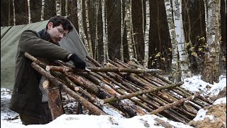 Making a Dugout Alone in the Woods 3/3 // Bushcraft, A Shape Tarp, Shelter, Birchbark, ASMR