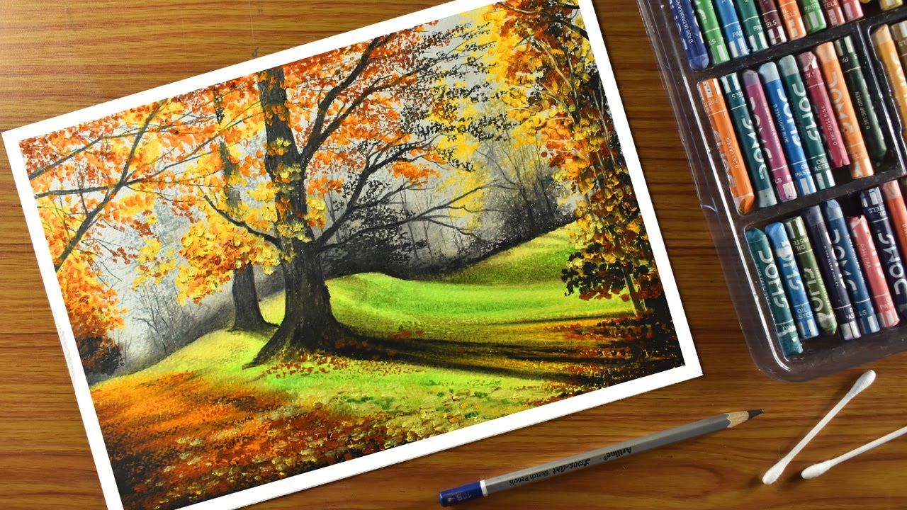 Oil Pastel Scenery / Step By Step Tree Landscape Oil Pastel Drawing For ...