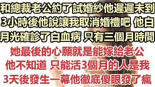 和總裁老公約了試婚紗他遲遲未到，3小時後他說讓我取消婚禮吧，他白月光確診了白血病，只有三個月時間，她最後的心願就是能嫁給老公，他不知道 只能活3個月的人是我，3天後發生一幕他徹底傻眼發了瘋#小說#霸總