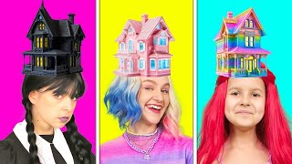 Wednesday vs Enid vs Mermaid - One Colored House Challenge! Funny Relatable Situations