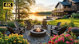 Serene Lakeside Morning: Warm Fire Pit Ambience with Gentle Nature Sounds For Relax, Study, Work