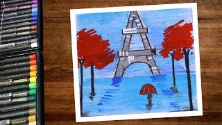 Landscape Eiffel Tower Scenery Drawing With Oil Pastels - Step By Step
