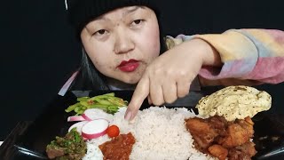 Eating.. spicy chicken gravy/papar/doku/sagko ful ko Achar/salad/pickel with Rice Nepal mukbang 😋🔥