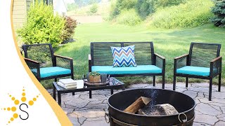 Sunnydaze Coachford 4-Piece Black Resin Rattan Outdoor Patio Furniture Set - Blue Cushions-GF-684