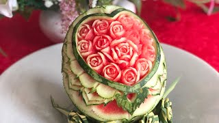 Watermelon Rosette Heart Shape - แกะสลักแตงโมดอกกุหลาบหัวใจ￼