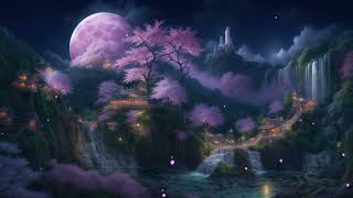 Cherry Blossoms and Temple Full Moon Falls [Healing Music / Stress Relief / Meditation Music]