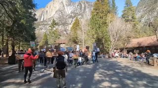 Dozens protested at Yosemite National Park Sunday over the layoffs of National Parks workers