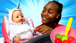 Cooking food for baby born doll! Feeding Baby doll with toy food