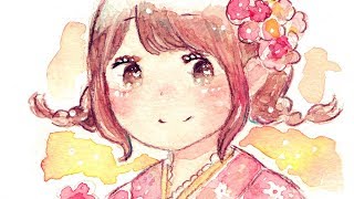 【イラストメイキング】着物の女の子を描いてみた / 透明水彩絵の具