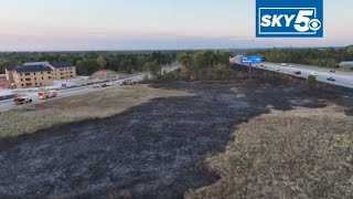 Drone footage shows aftermath of I-49 grass fire