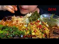 mukbang eating spicy pork intestines salad u0026 spicy yellow mustard leaf curry fried dry fish