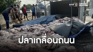 กระบะยางระเบิดพลิกคว่ำ ปลา 4 ตันกระจาย | ข่าวเที่ยงช่องวัน | ข่าวช่องวัน