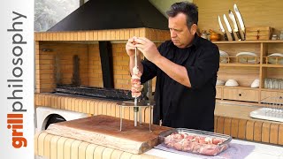 Pork spit roast kontosouvli with cumin and garlic (EN subs) - Charcoal grill | Grill philosophy