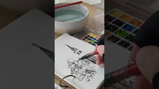 40秒展示建筑线稿并用水彩为其上色|40 seconds to show the architectural line drawing and color it with watercolor