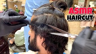 ASMR BARBER , Curly Long Hair transformation with Scissors: ASMR Relaxing haircut and Shave !