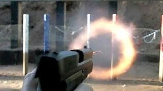 Sig SP2009 9mm shooting steel plate in slow motion, 300fps