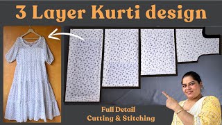 3 Layer Flared Kurti Design Cutting And Stitching Full Detail Video | Flared Designer Kurti Making |