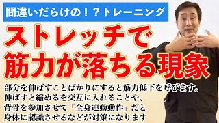 ストレッチで低下する筋力　ストレッチの裏側では伸びる筋肉が切れまいとして筋力を低下させる身体の防衛メカニズム　伸ばせばやわらぐはずという検証のない思い込み　スポーツの現場に検証の習慣を！