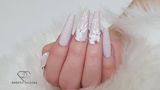Wedding nail art. Gel painting white lace nail art.