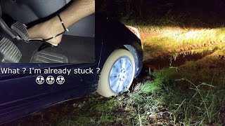 Pedal Pumping with High Heels, car almost Stuck in Mud (Exterior view)