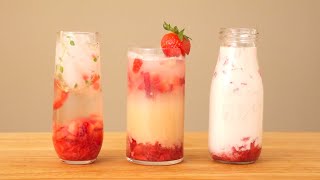 Fresh Strawberry Drinks - Seltzer, Sparkling Yakult, and Korean Milk