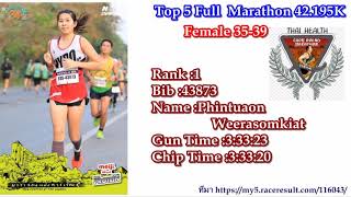 จอมบึงมาราธอน2019 : Top5 Full Marathon  นักวิ่งขาแรงหญิง 8  รุ่น ฟูลมาราธอน 42.195 KM