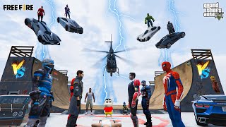 GTA X FREEFIRE : AVENGERS ARMY VS FREEFIRE SUPER MEGA RAMP JUMP CHALLENGE WITH SHINCHAN Part #2