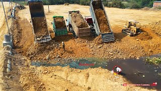 Complete Landfill operation, Skill Komatsu D58E Bulldozer Pushing Soil Techniques, Trago Dump Trucks