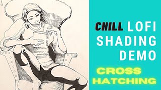 Chill Inking Session and cross hatching shading tips on kawaii reading girl