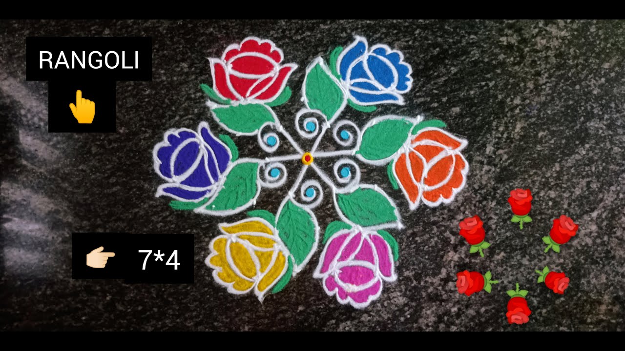 Beautiful Rose Flower Rangoli 7 4 Dots Easy Rangoli Rangoli Youtube