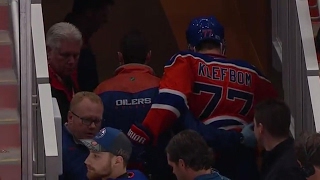 Klefbom forced to leave after taking a hard Burns shot off the leg