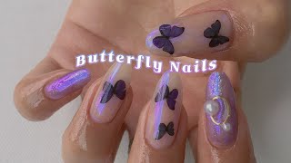 셀프네일 신비로운 미러파우더 \u0026 나비네일 했어요♥ 여름 네일아트 How to purple butterfly nail art with chrome mirror powder