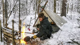 SOLO Winter BUSHCRAFT CAMPING Post SNOWSTORM / Shelter Building - No Talking ASMR