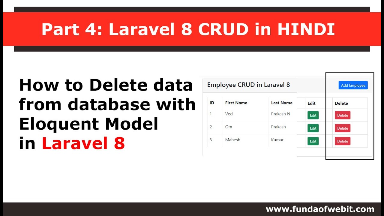 Part 4 Laravel 8 Crud In Hindi How To Delete Data From Database With
